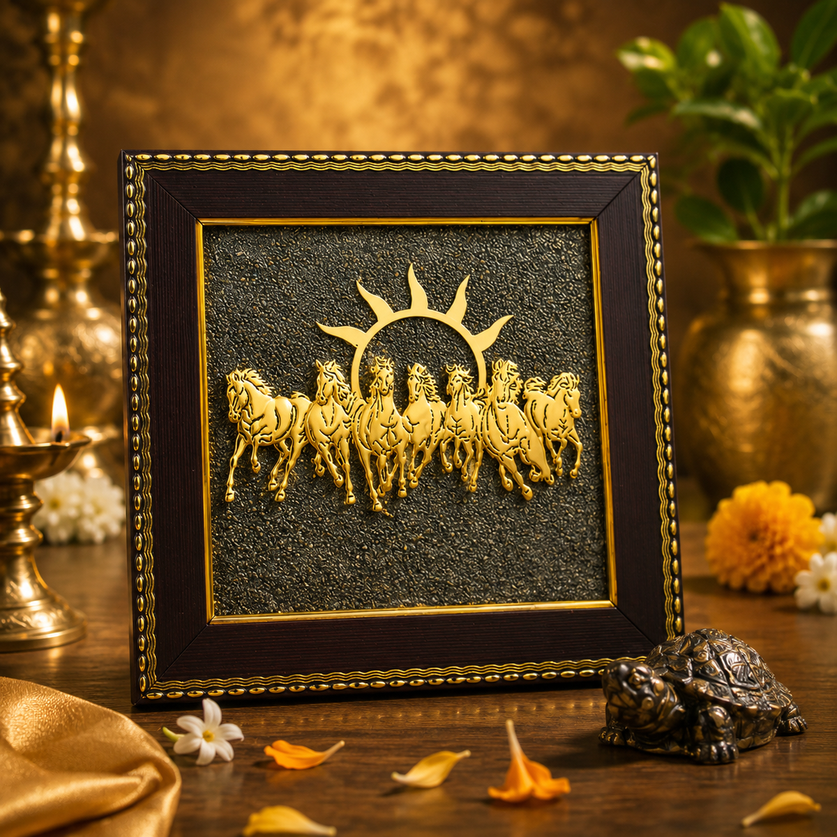 7 Horses on Raw Pyrite Frame Wealth Combo